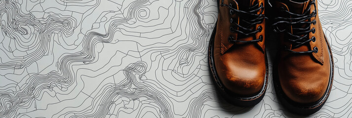Brown Hiking Boots on Topographic Map Background for Outdoor Planning
