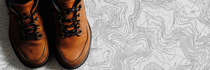 Brown Hiking Boots on Topographic Map Background for Outdoor Planning
