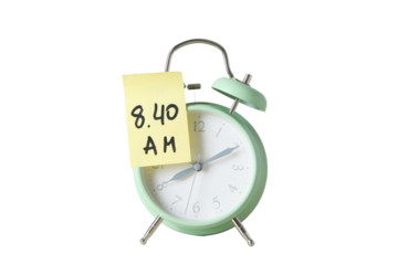 PNG, Alarm o’clock, green alarm clock with sticker, isolated on white background
