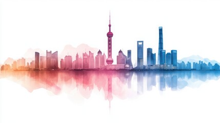 Fototapeta premium Futuristic Shanghai Skyline in Watercolor Abstract Art