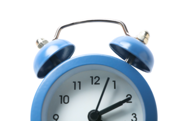 PNG, Alarm o’clock, blue clock, close-up, isolated on white background