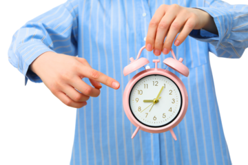 PNG, Alarm o’clock, pink alarm clock in hands, isolated on white background
