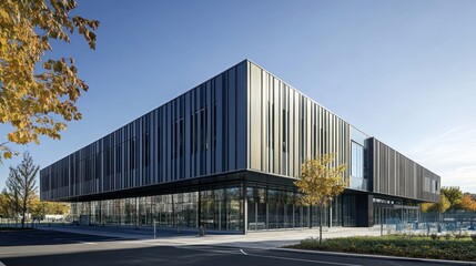 Obraz premium Modern architectural building with sleek dark facade, glass windows, and landscaping.