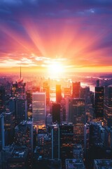 Obraz premium Breathtaking Sunset Over Major City Skyline with Vibrant Colors and Dramatic Clouds