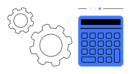 Blue calculator next to two outlined gears indicating calculation, automation, or technical optimization. Ideal for finance, engineering, business, innovation, technology, workflow productivity