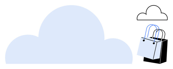 Large light blue cloud covering majority of scene, two shopping bags with handles resting on each other right side. Ideal for e-commerce, cloud storage, online shopping, data storage, digital
