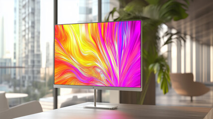 Close-up of sleek portable monitor on minimalist desk featuring vibrant abstract design, modern workspace with blurred office background and natural lighting, tech innovation for remote work productiv