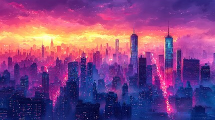 Obraz premium Vibrant Cityscape at Sunset: A Digital Painting of an Urban Metropolis