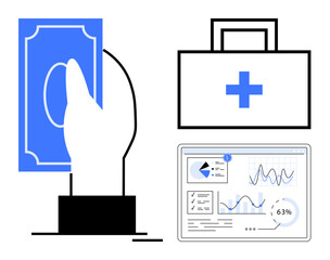 Hand holding money near healthcare briefcase and data analytics dashboard. Ideal for finance, healthcare, business strategy, data analytics, investment, technology, digital solutions. Flat simple