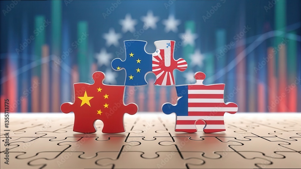 Poster jigsaw pieces representing global economy with flags and graphs