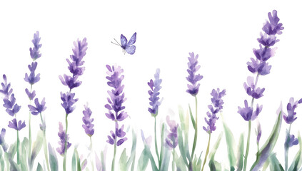 Naklejka premium a serene watercolor illustration of lavender flowers with a butterfly hovering above evoking a sense of tranquility and nature's beauty
