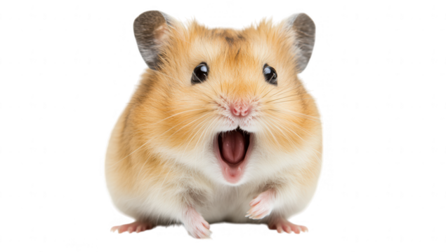 a cute hamster with a surprised expression showcasing its rounded body and small paws set against a plain white background. playful and endearing nature of small pet