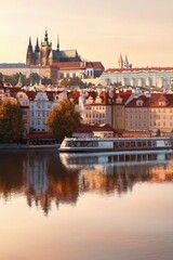 Fototapeta premium Beautiful Watercolor Painting of Prague Castle with Reflections in the Vltava River