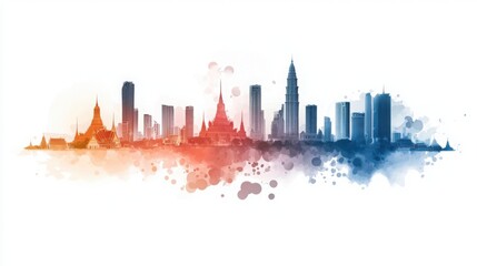 Vibrant Watercolor Art of Bangkok Skyline with Traditional Structures and Modern Buildings