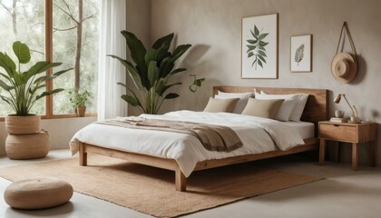 Neutral Bedroom with Wooden Bedframe and Plants for Cozy Interior Design