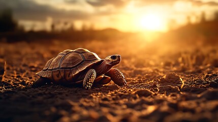 turtle walk on the sand with sunset view in the beach