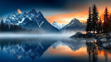 Serene Mountain Lake Dawn  Misty Peaks  Calm Waters  Stunning Reflection