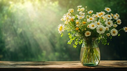 Sunlit Bouquet of Daisies in Glass Vase on Rustic Wooden Table