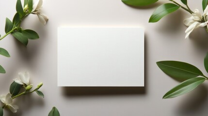 Blank card surrounded by flowers on pastel background