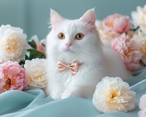 A white fluffy cat wearing peach bowtie surrounded by pastel flowers on soft fabric background looking at camera