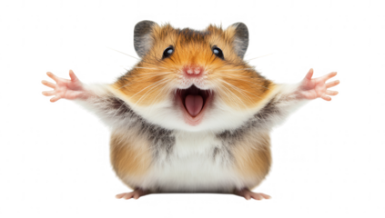 a cheerful hamster with outstretched arms and a wide-open mouth conveying joy and excitement against a plain white background