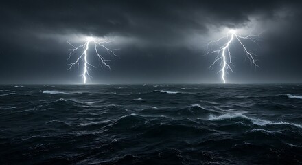 Lightning Strikes Over Dark Ocean Waves Under a Stormy Sky
