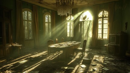 Fototapeta premium Sunbeams illuminate a decaying dining room filled with scattered papers and dust