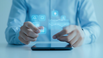 Digital interaction with technology office workspace visual data display modern environment close-up view innovation concepts