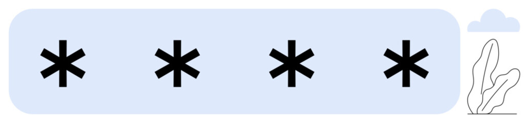 Obraz premium Four asterisks on a blue field symbolize password protection, with abstract cloud and plant emphasizing privacy. Ideal for cybersecurity, privacy, online safety, data protection, secure login