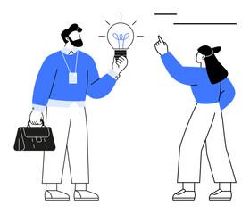 Two people exchanging creative ideas a man holding a glowing lightbulb symbolizing innovation, and a woman pointing upward for brainstorming. Ideal for teamwork, creativity, problem-solving