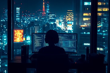 Night coder with Tokyo skyline view.