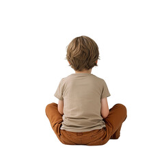 a young child sits cross-legged facing away on a plain white background evoking a sense of innocence and contemplation. simplicity and the beauty of childhood