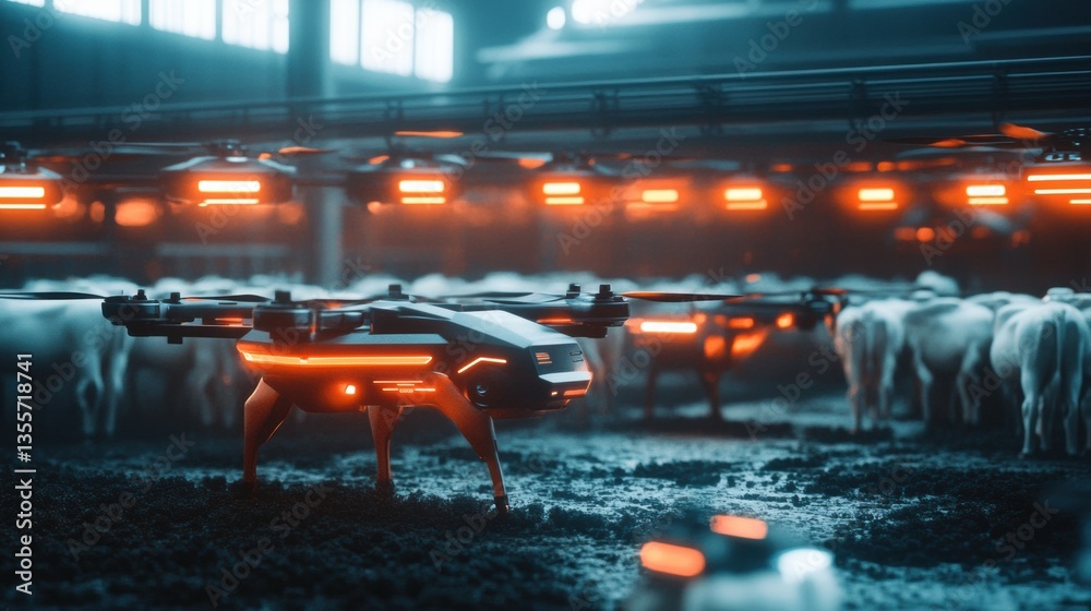Poster Fleet of autonomous drones scanning cattle in a futuristic farm management system with glowing digital sensors