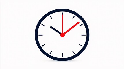 A simple clock design with black outlines, a white face, and red hour and minute hands indicating the time.