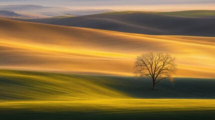 Golden Sunrise Over Rolling Hills with a Lone Tree in Focus, Evoking Tranquility and Harmony with Nature