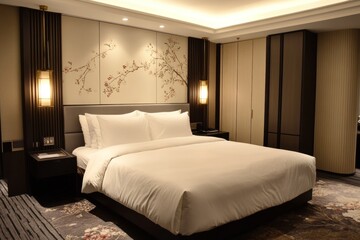 Luxurious hotel bedroom with cherry blossom artwork, warm lighting, and modern furnishings