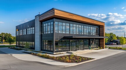 Modern commercial building with wood and metal facade, large windows, landscaping, and ample parking.
