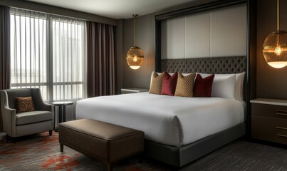 Luxurious hotel bedroom with city view