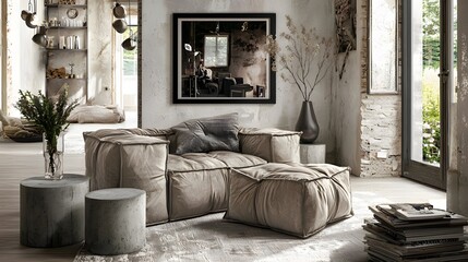 Elegant Minimalist Living Room with Soft Textured Furniture and Natural Light in Modern Space