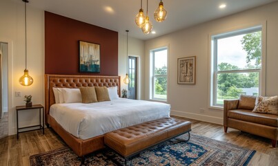 Fototapeta premium Luxurious master bedroom with accent wall, lamps, and view