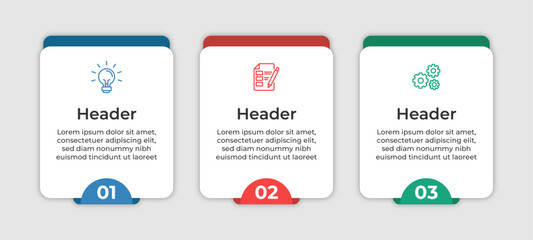 Three white cards with a lightbulb a checklist and gears.