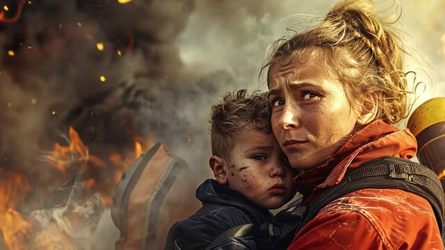 Desperate Embrace: A mother and child caught in the heart of a fiery disaster, their faces etched with fear and the weight of survival, a powerful visual narrative of resilience amidst devastation.