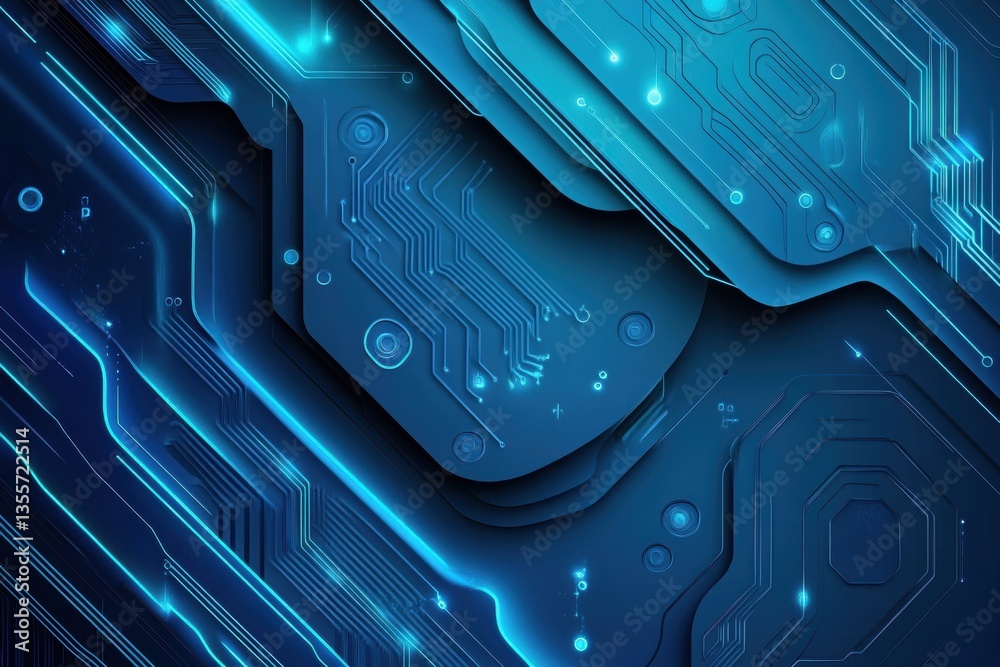 Poster Futuristic technology-inspired layered circuit board background with cool blue gradients and sleek lighting