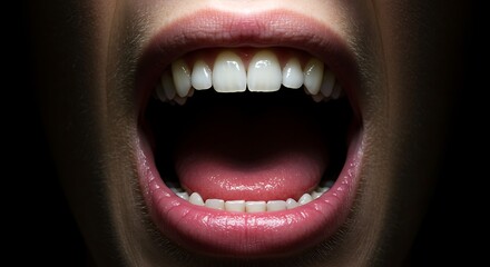 Naklejka premium Open Mouth Showing Teeth and Tongue in Dark Dramatic Lighting