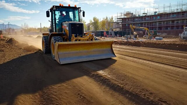 Bulldozer at Work: A bulldozer aggressively clears and levels the land, kicking up dust, at a construction site, illustrating the dynamic process of construction. 