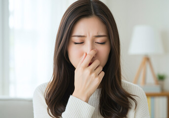 鼻をつまむ女性 匂い アレルギー 花粉