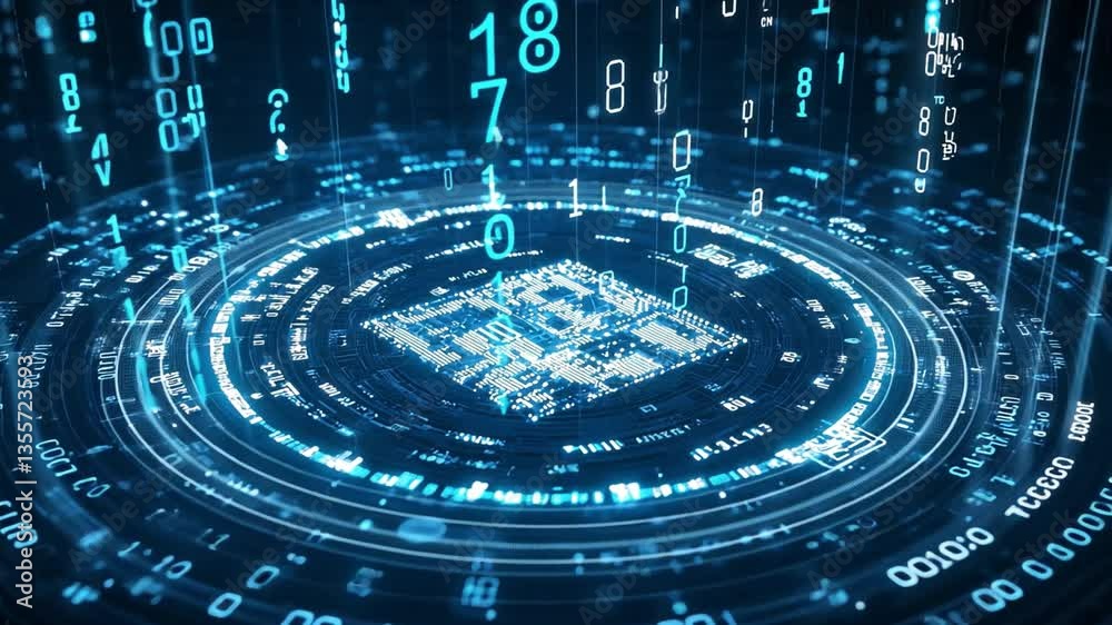 Poster digital transformation: a futuristic digital representation of a circuit board with binary code show