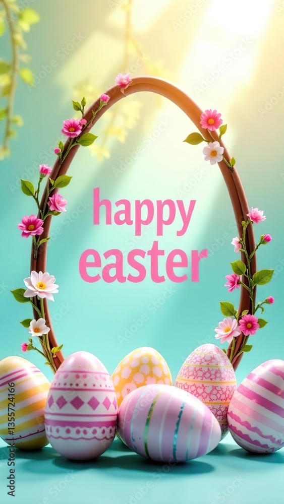 Wall mural easter-themed egg-shape digital decorative frame with text inside. frame is adorned with spring past