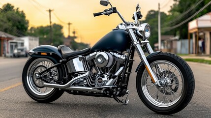 Sleek Black Cruiser Motorcycle at Dawn  Asphalt Road