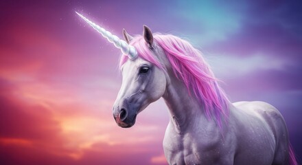 Obraz na płótnie Canvas Majestic Unicorn with Pink Mane and Horn Against a Colorful Sky